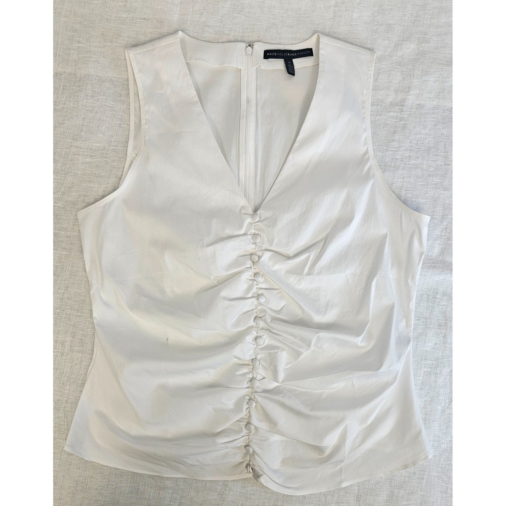 NWOT White House Black Market Ruched Sleeveless V-neck Stretch Blouse White 14